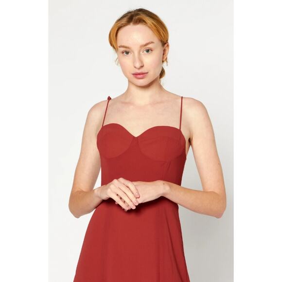 REVOLVE OPT Sweetheart Midi Dress Tie Shoulder Slit Chiffon, Rust - Picture 2 of 11